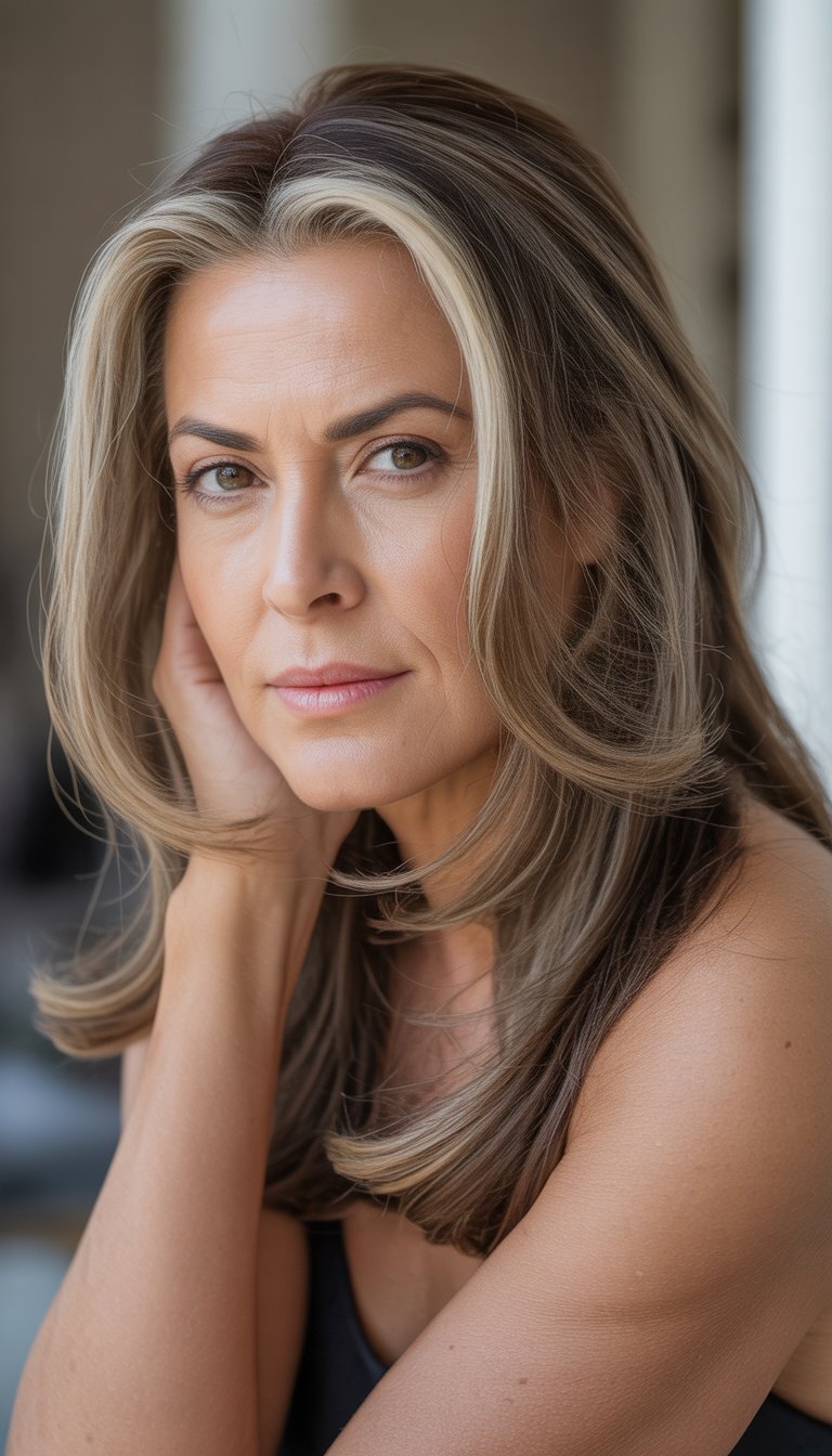 A woman over 40 with long hair featuring face-framing highlights, smiling softly against a neutral background.