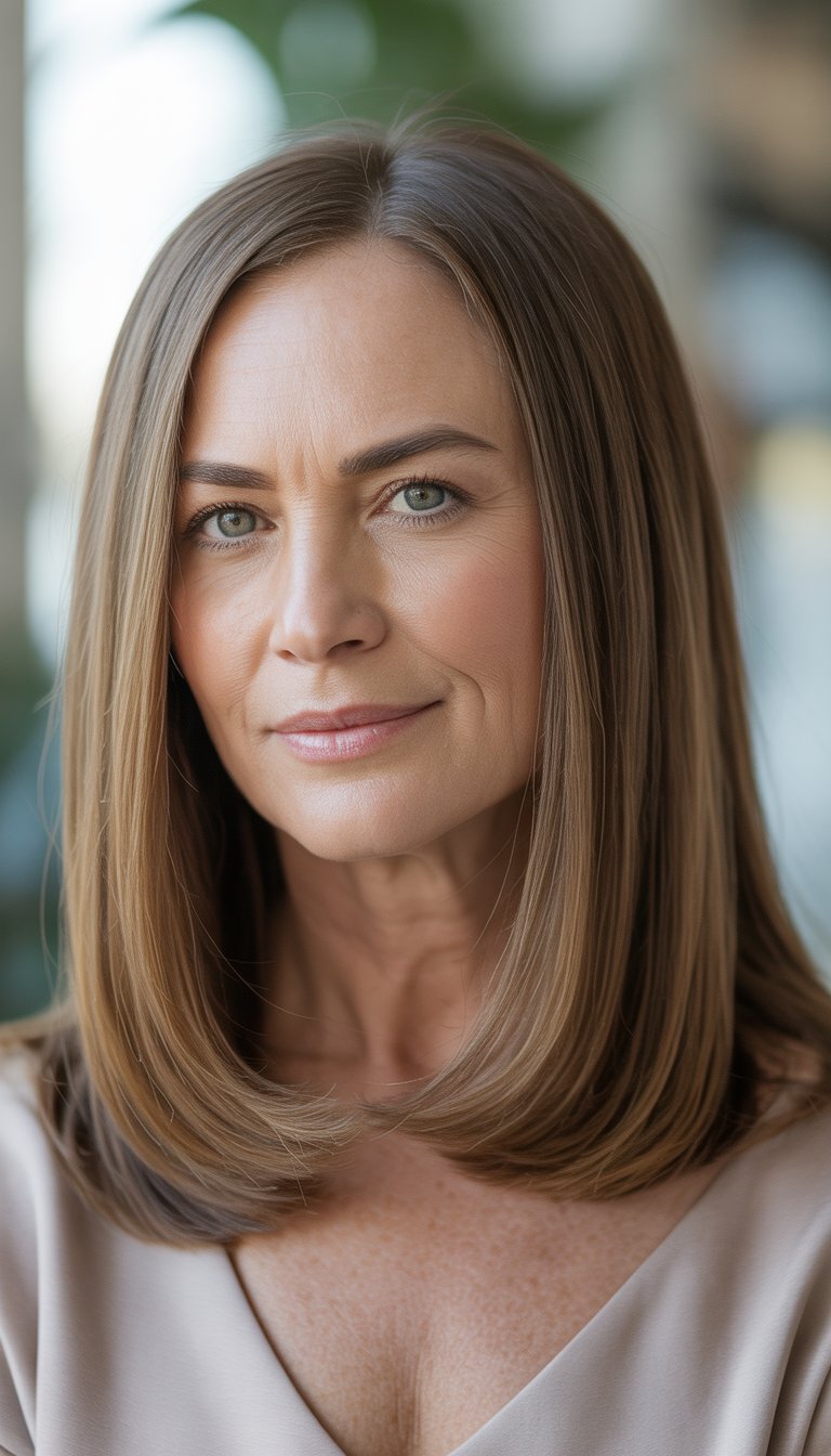 A woman over 40 with straight medium-length hair parted in the middle, smiling gently at the camera.