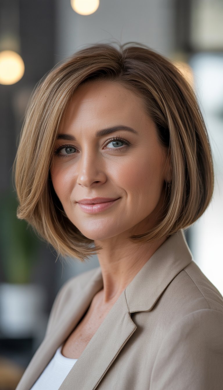 A smiling woman over 40 with an asymmetrical medium bob haircut in a softly lit indoor setting.