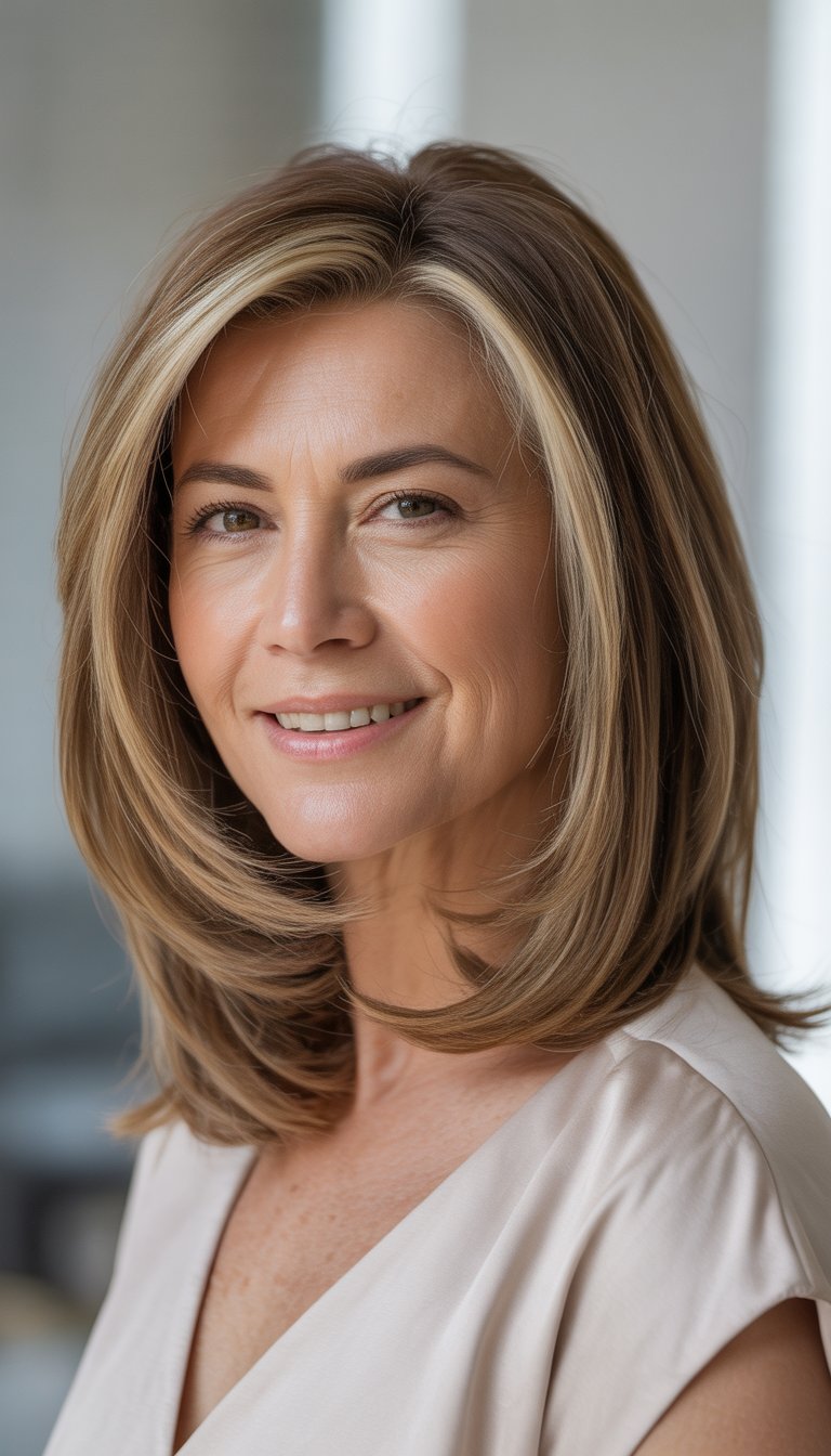 A woman over 40 smiling with shoulder-length layered hair in a studio setting.