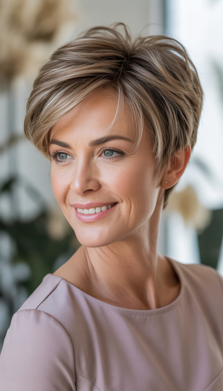 A smiling woman over 40 with short hair looking slightly away from the camera against a blurred neutral background.