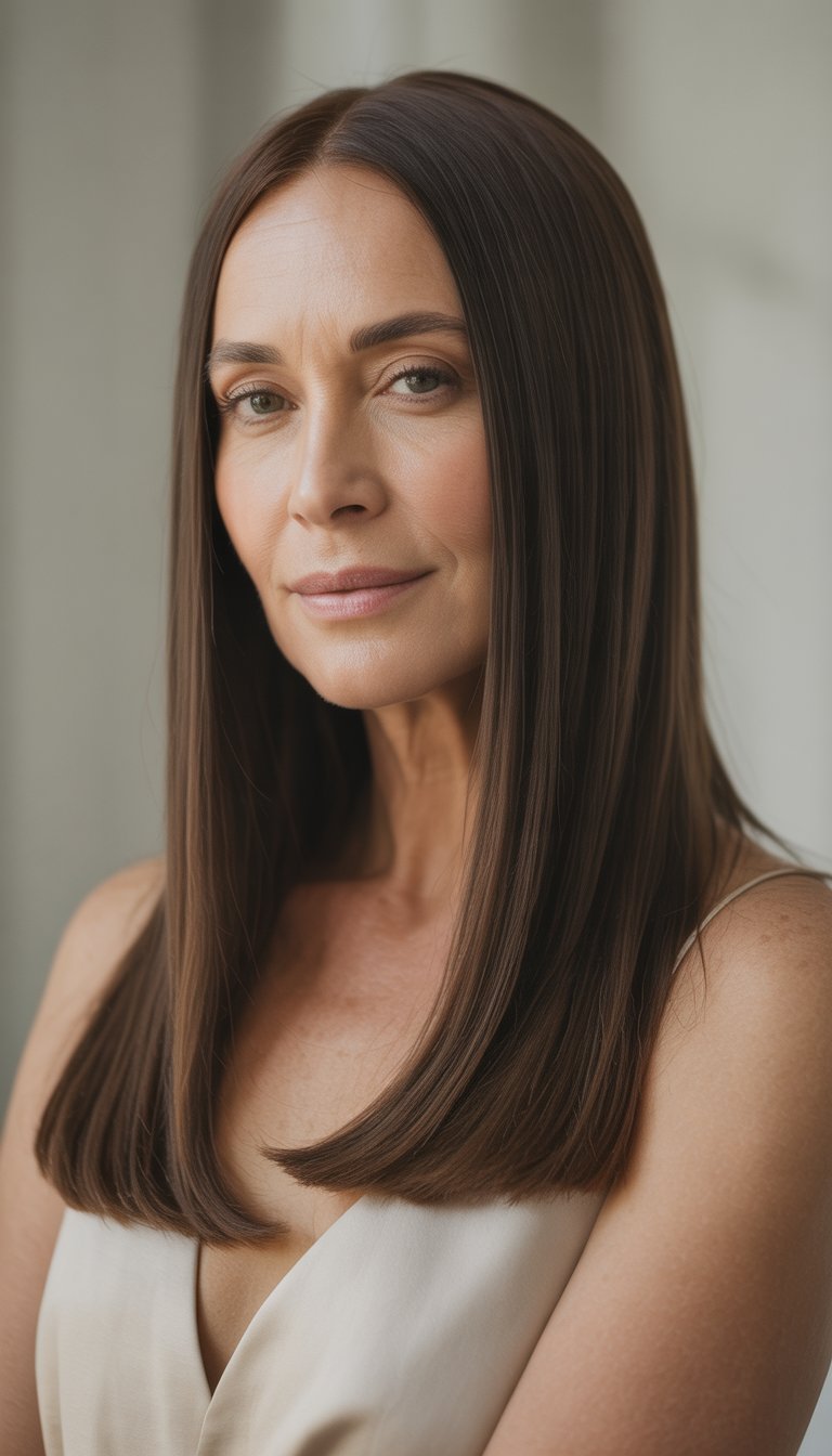A woman over 40 with long straight hair parted in the middle, looking confidently at the camera against a neutral background.