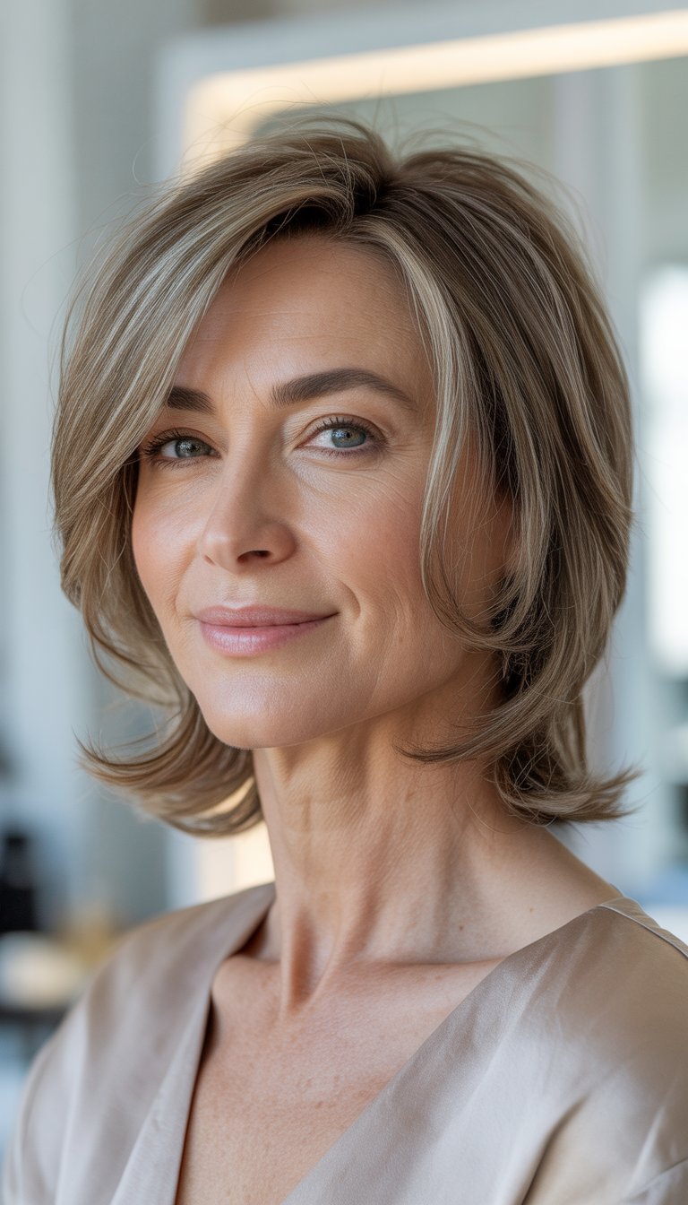 A smiling woman over 40 with thin hair styled in layered haircut, sitting in a bright modern salon.