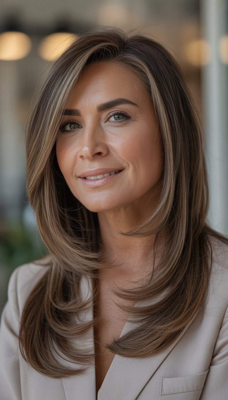 A smiling woman over 40 with long layered hair parted deeply to one side, posing against a neutral background.