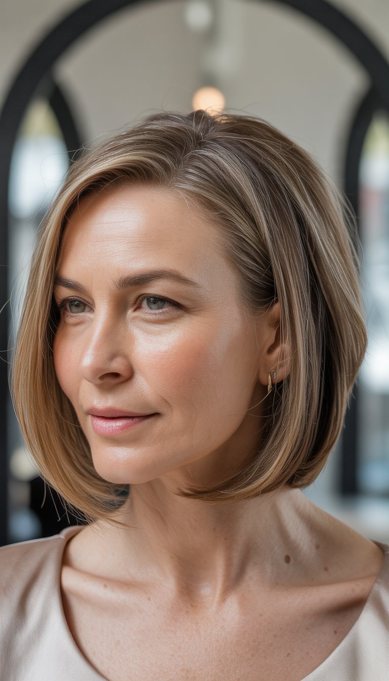 A woman over 40 with thin hair posing to show her angled lob haircut in a studio setting.