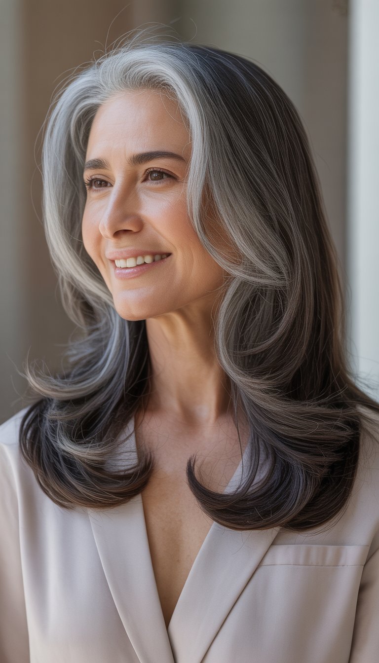 A smiling woman over 40 with long gray-blended hair standing against a neutral background.