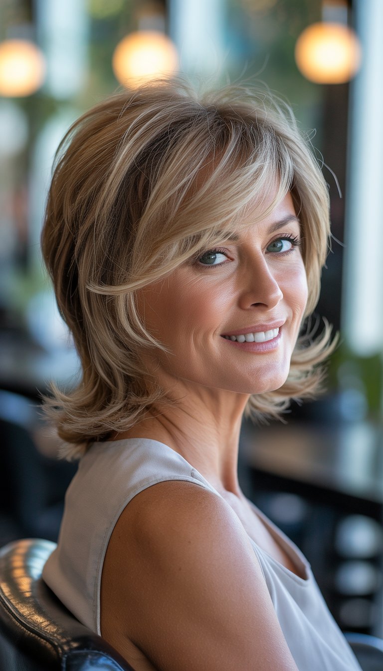 A woman over 40 with thin hair sitting in a salon, smiling and showing a layered feathered haircut.