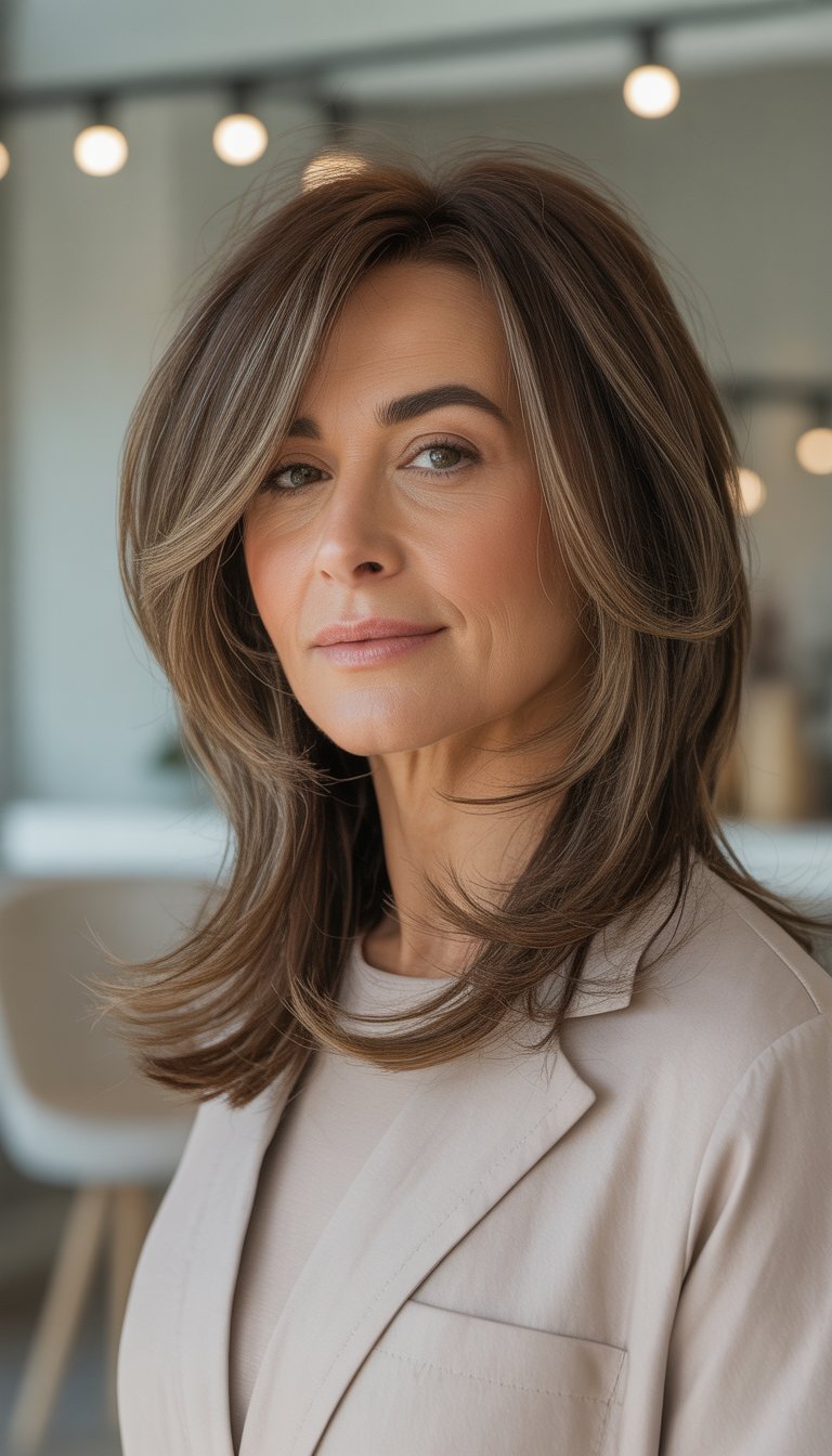 A woman over 40 with a layered long haircut, smiling gently against a neutral background.