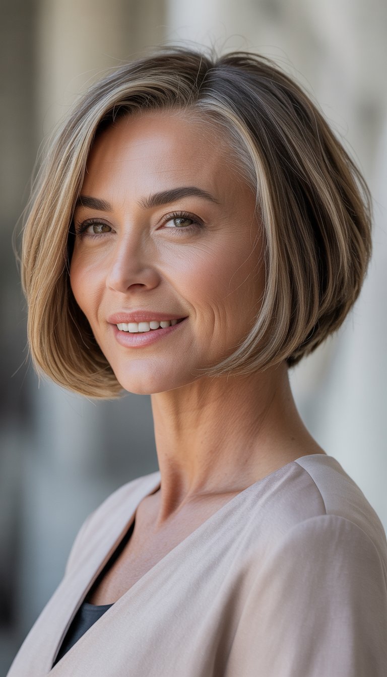 A woman over 40 with an asymmetrical bob haircut smiling against a neutral background.