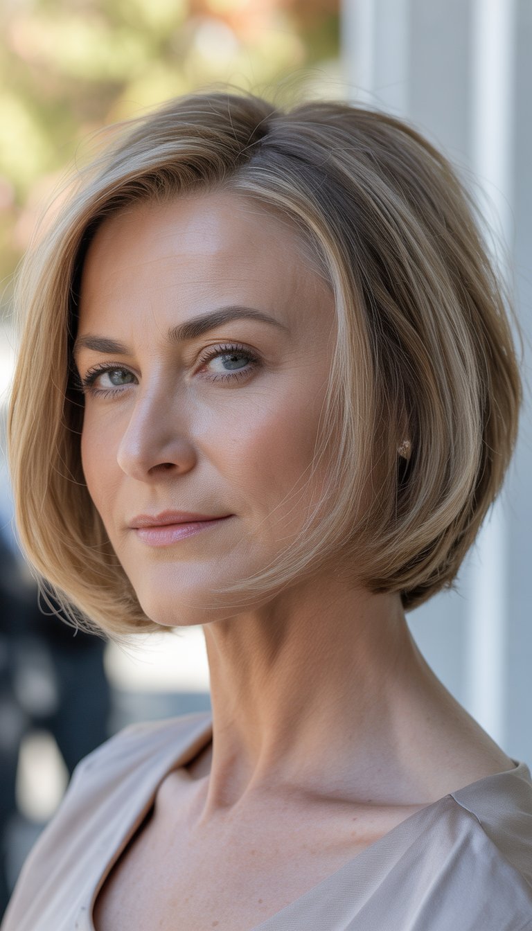 A woman over 40 with a short bob haircut, looking slightly to the side in a softly lit setting.