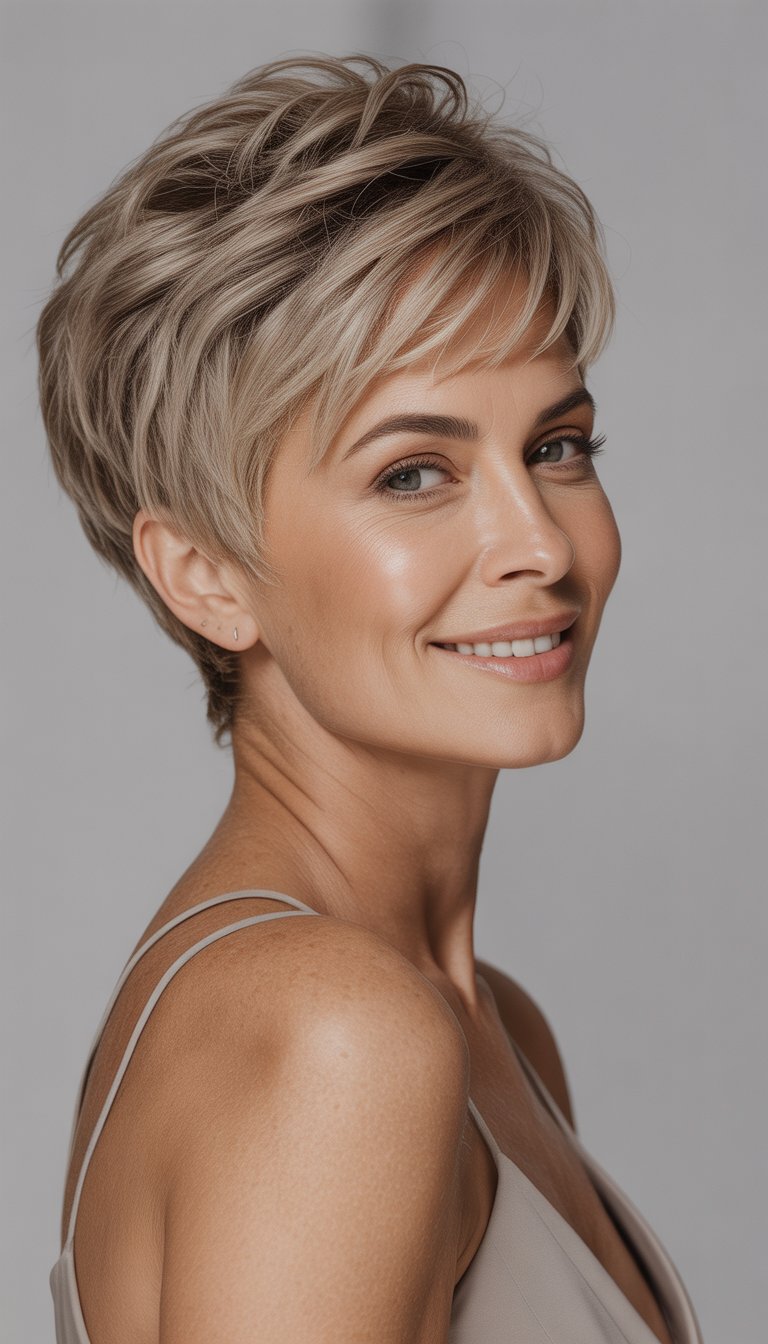Portrait of a smiling middle-aged woman with short hair against a plain background.