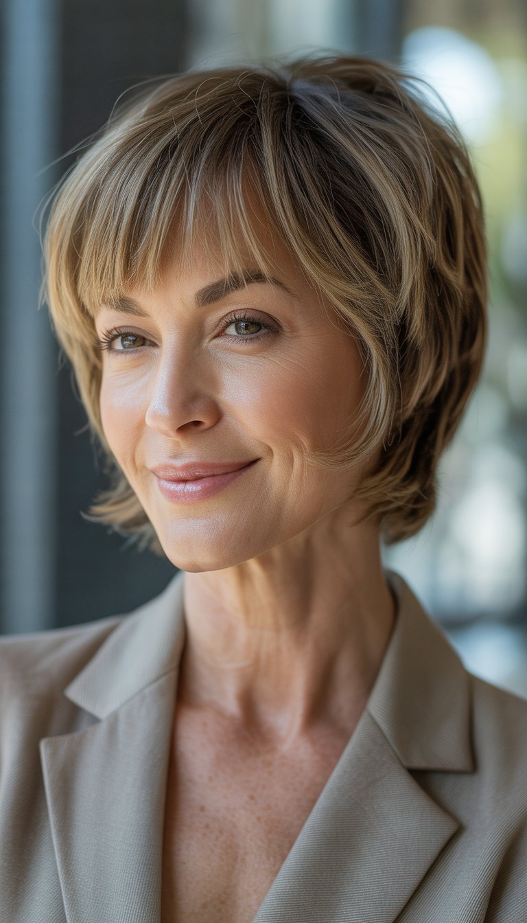 Portrait of a smiling middle-aged woman with short layered hair and bangs, looking at the camera.