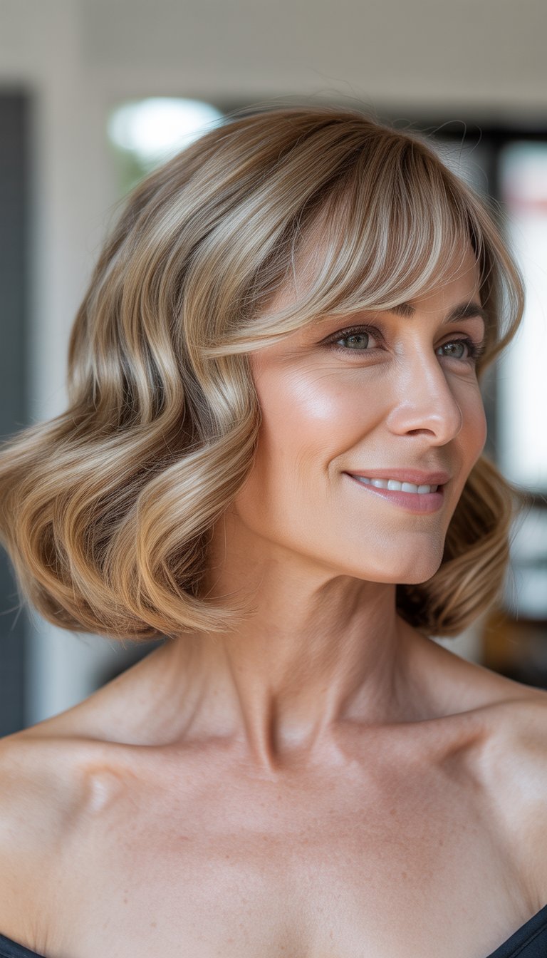 Portrait of a smiling woman over 40 with wavy shoulder-length hair and side bangs.