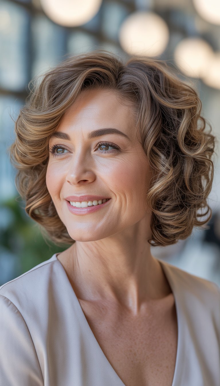 A smiling woman over 40 with curly hair styled in a short bob, looking slightly to the side.