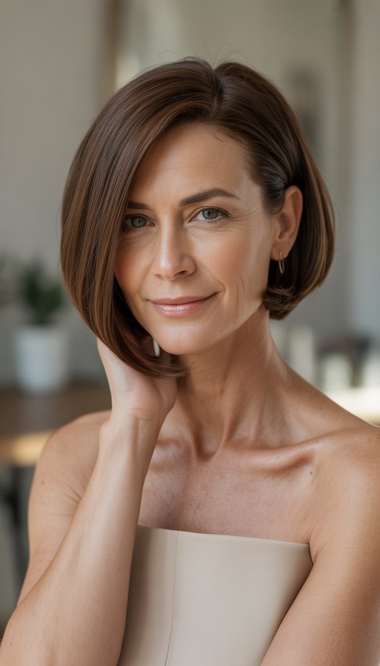 A woman over 40 with short asymmetrical bob haircut looking confidently at the camera against a neutral background.