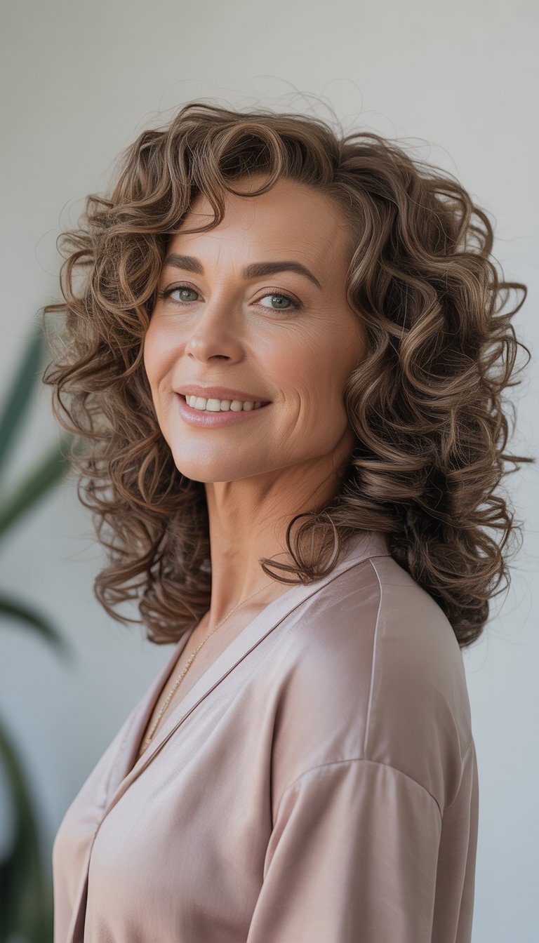 A smiling woman over 40 with long curly hair, looking slightly to the side against a plain background.