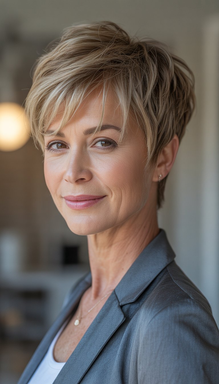 A smiling woman over 40 with short textured hair and wispy bangs, wearing smart casual clothing against a neutral background.