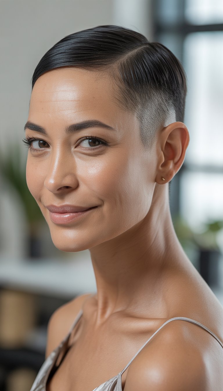 Portrait of a smiling woman over 40 with short hair and shaved sides, looking confidently at the camera.