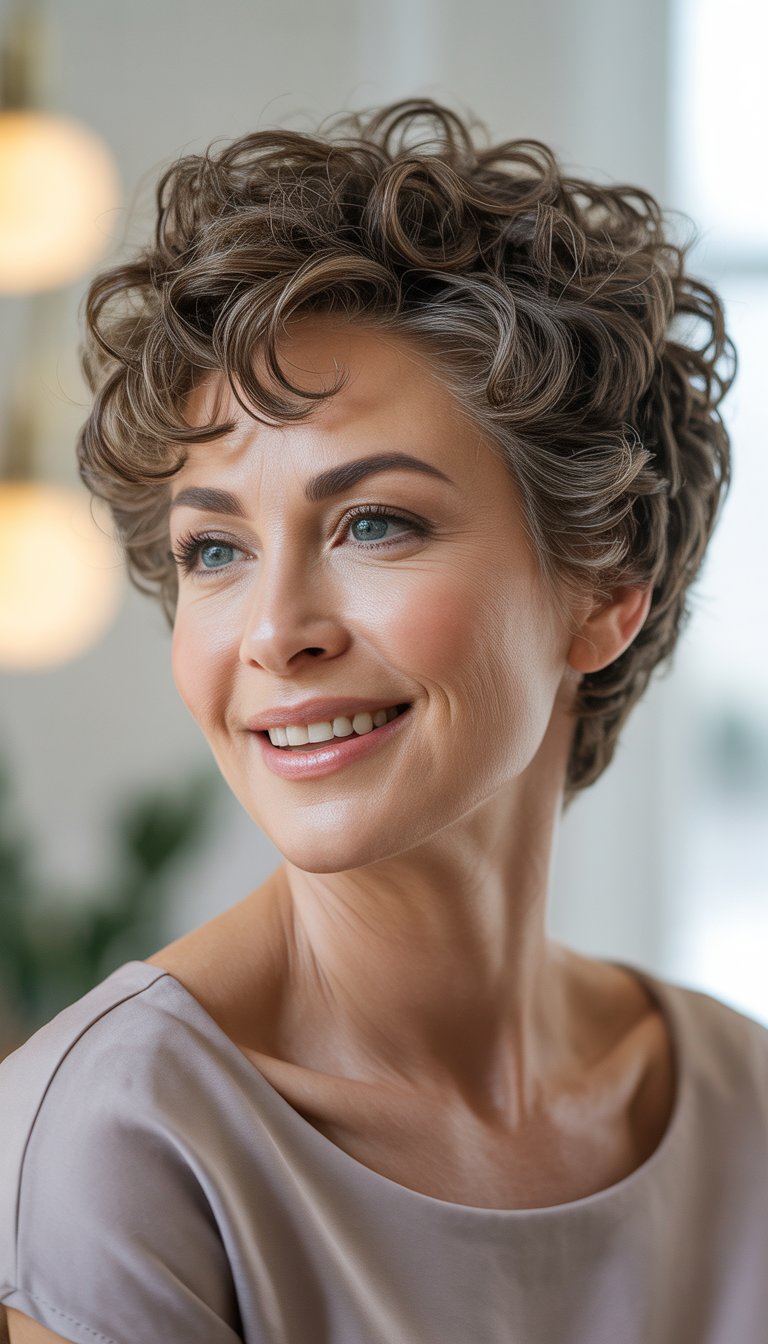 A smiling woman over 40 with short curly hair looking slightly to the side against a blurred warm background.