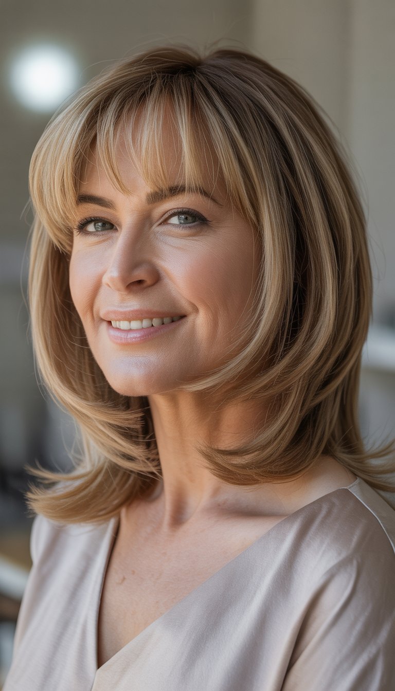 A woman over 40 with shoulder-length hair and feathered bangs smiling gently in a studio setting.