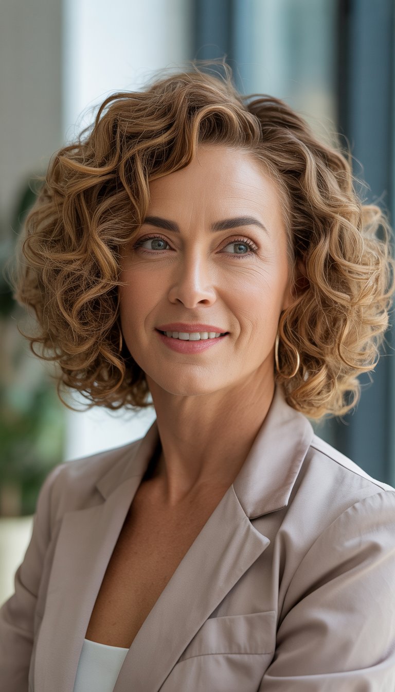 A smiling woman over 40 with shoulder-length curly hair parted to the side.