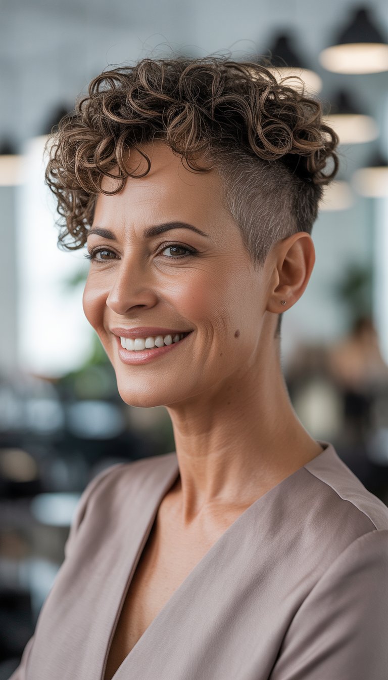 A smiling woman over 40 with short curly hair in a bright indoor setting.
