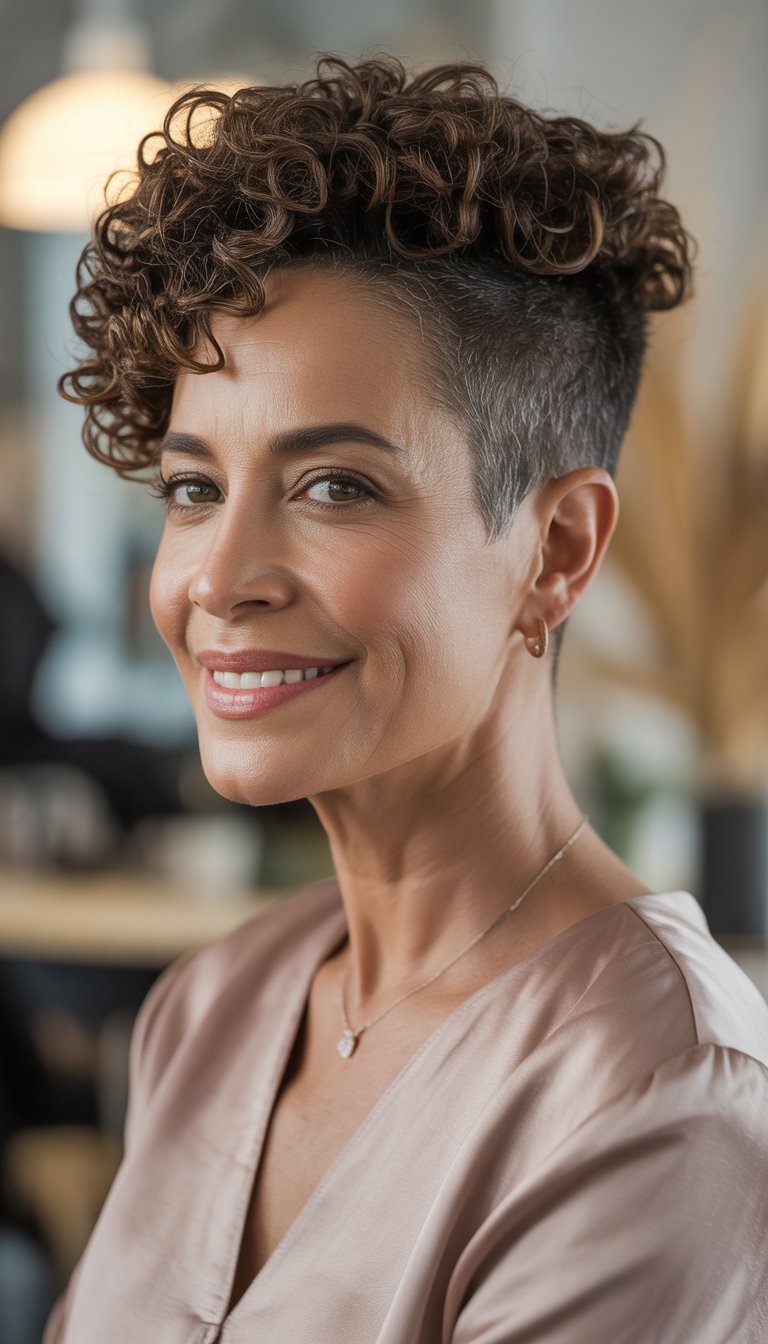 A smiling woman with curly hair styled in a tapered cut, looking confidently at the camera.