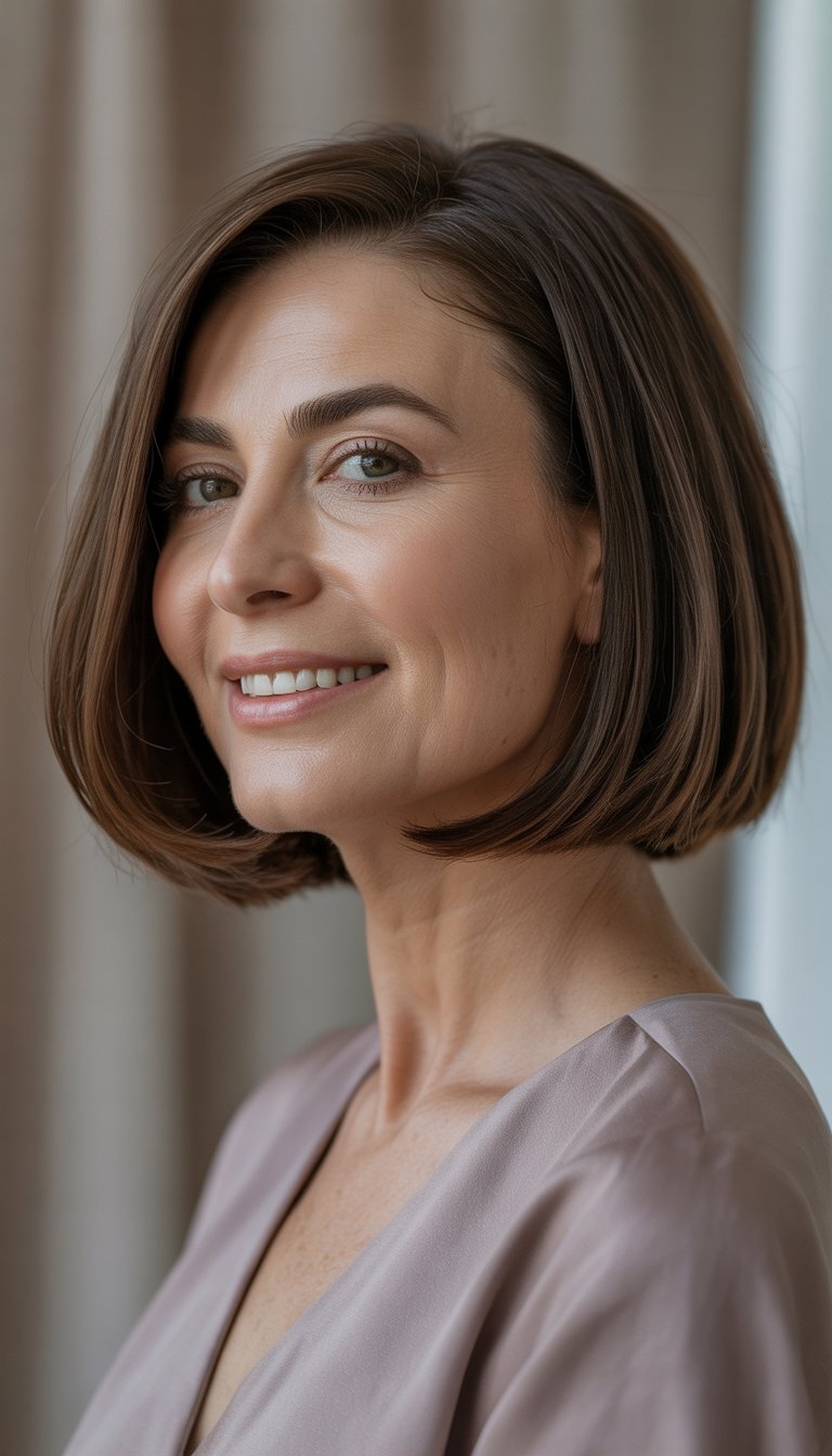 A woman with a chin-length short haircut smiling gently against a blurred neutral background.
