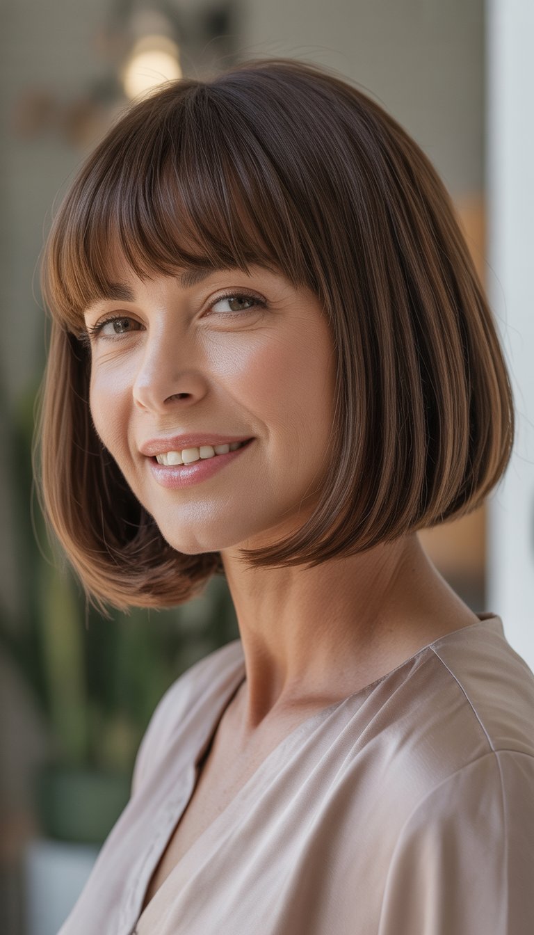A smiling woman over 40 with a bob haircut and full bangs looking slightly to the side against a softly blurred background.