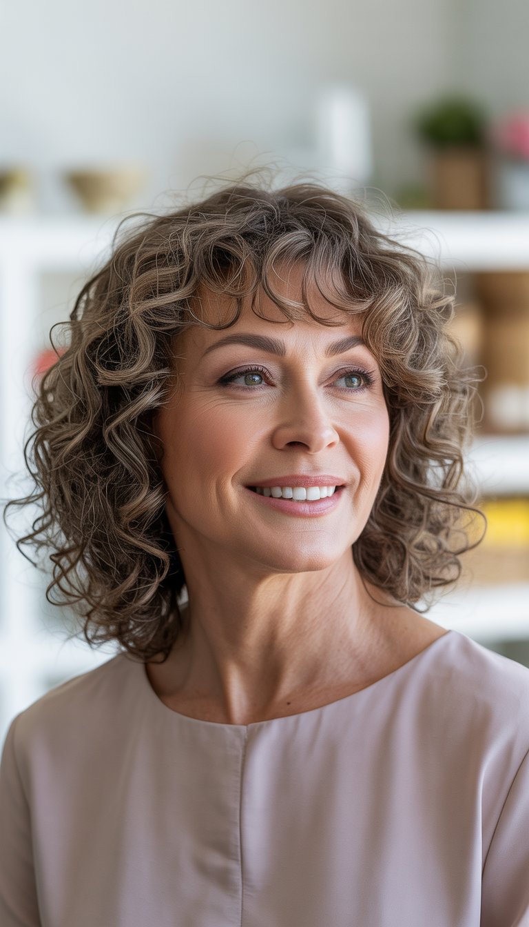 A woman over 40 with medium length curly hair and curly bangs smiling gently against a softly blurred background.