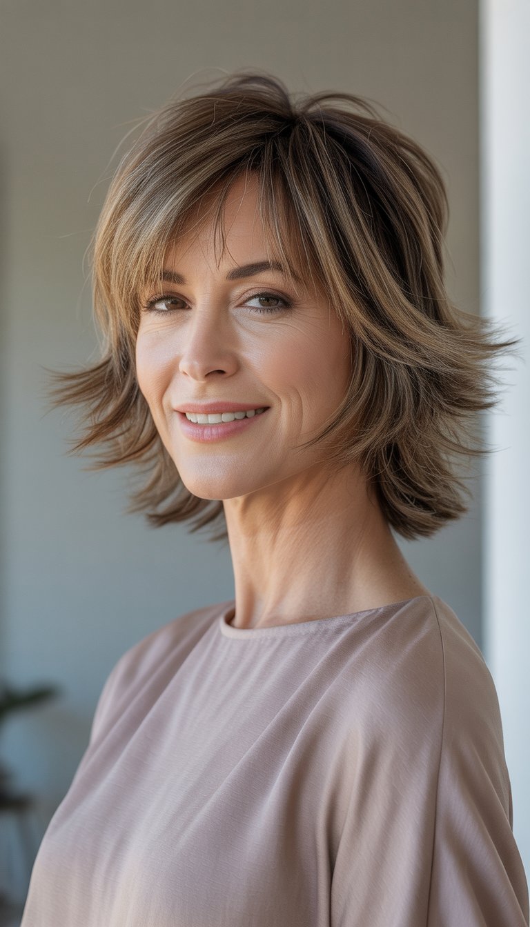 A smiling woman over 40 with shoulder-length layered hair and bangs, standing against a plain background.