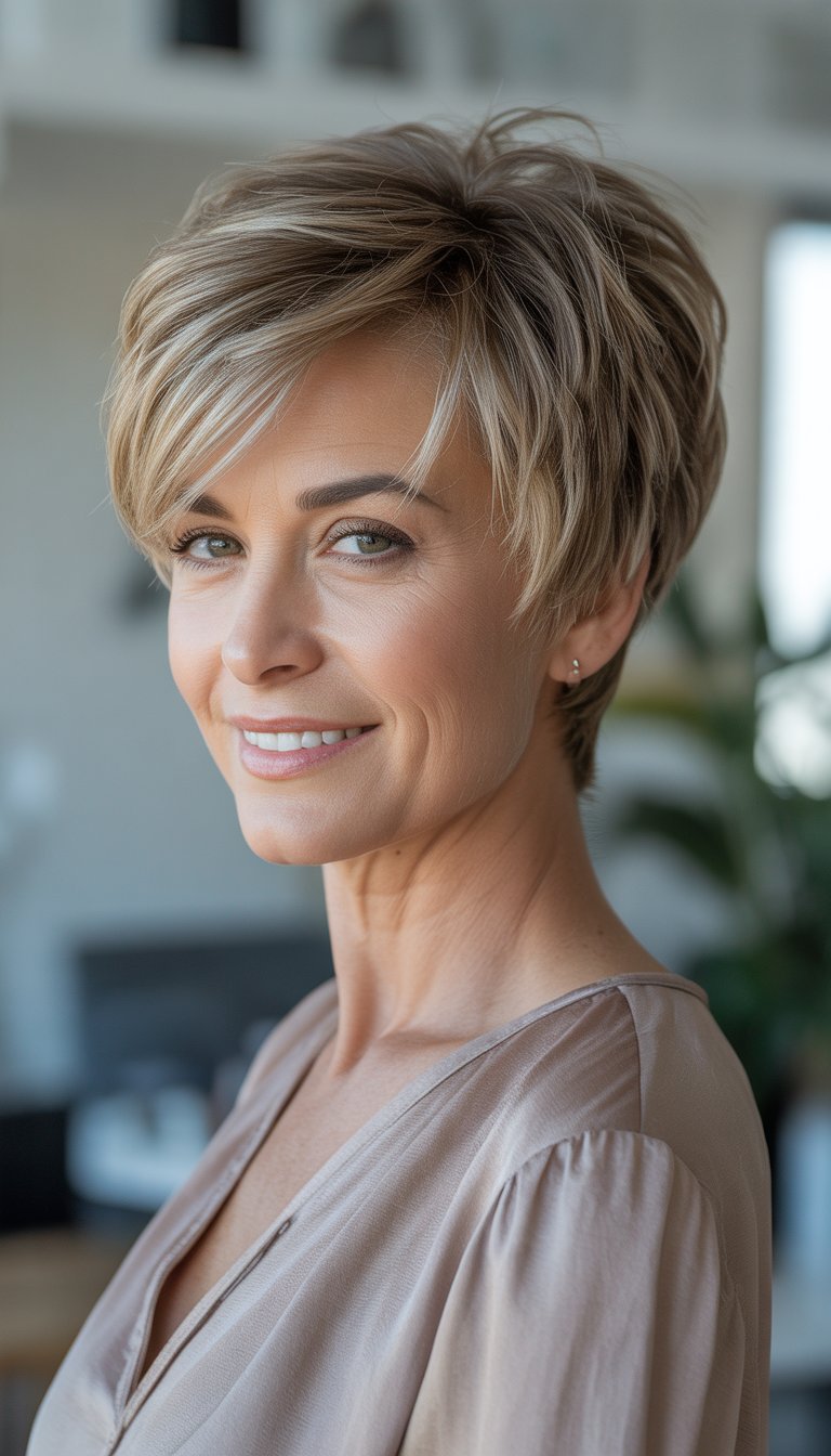 A smiling middle-aged woman with a short feathered haircut standing indoors.