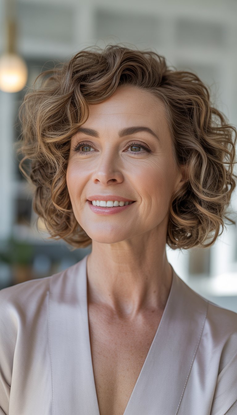 A woman over 40 with an asymmetrical curly bob haircut smiling and looking slightly to the side against a blurred neutral background.