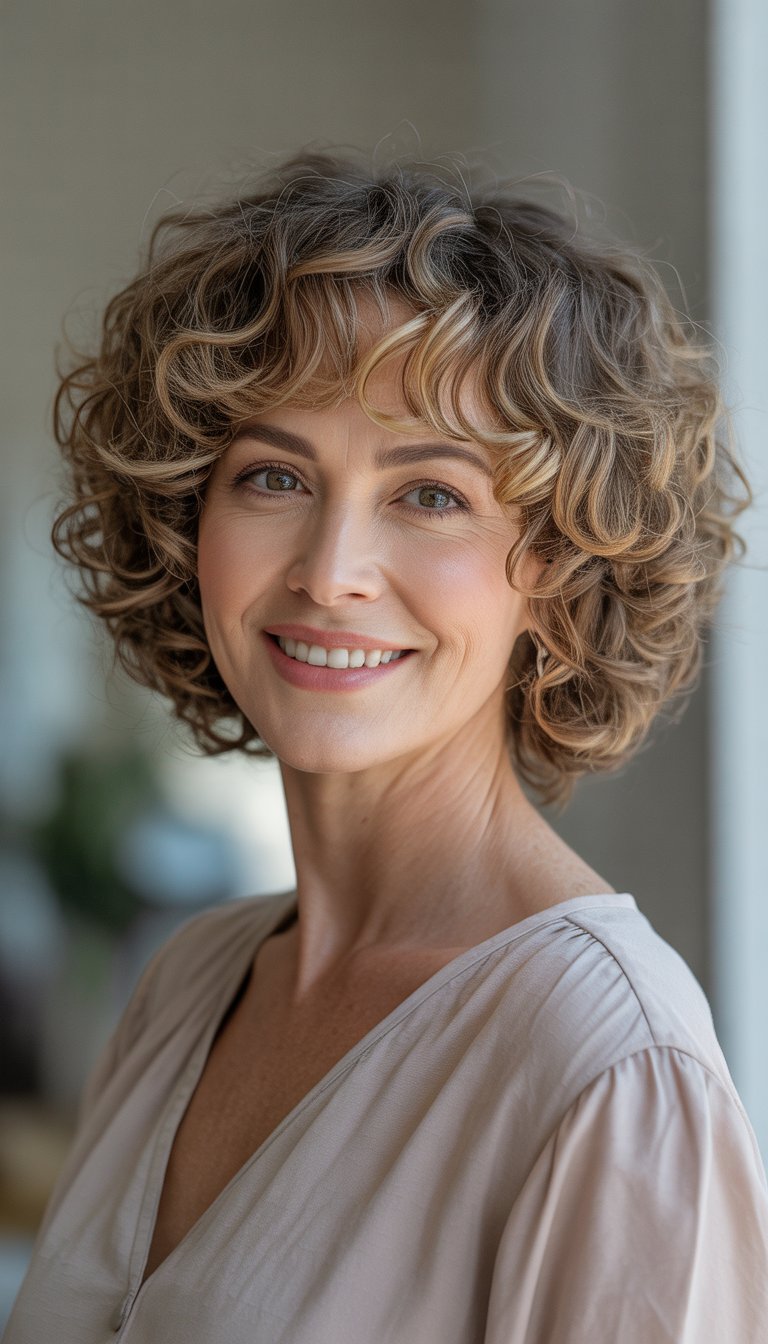 A smiling woman over 40 with curly hair and a fringe, looking confidently at the camera.