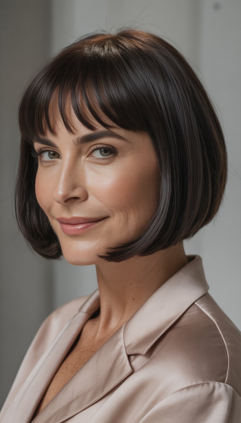Portrait of a woman over 40 with a short bob haircut and short bangs, smiling and looking at the camera.