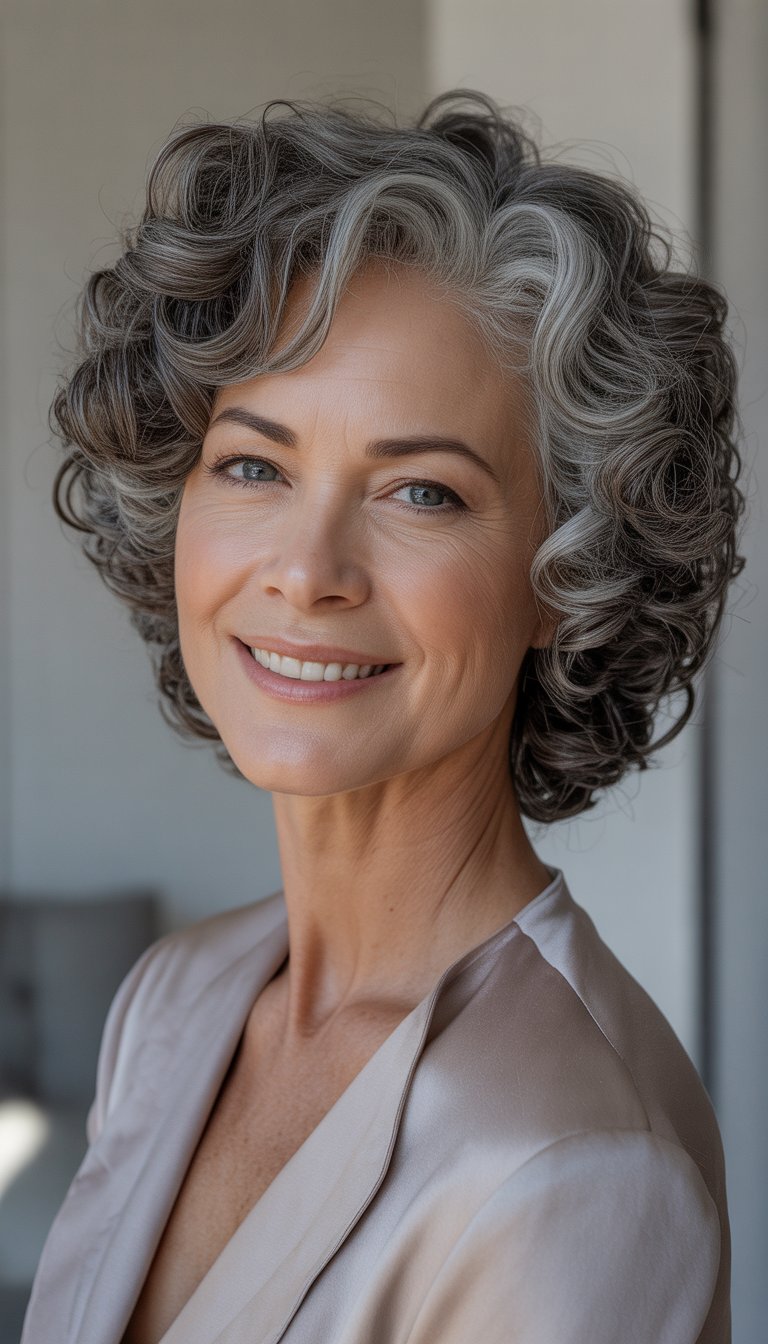 A smiling woman over 40 with natural gray curly hair styled in a shaped haircut, looking confidently at the camera.