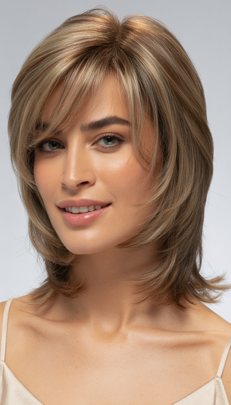 A woman with medium-length layered hair and bangs, smiling in a neutral studio setting.