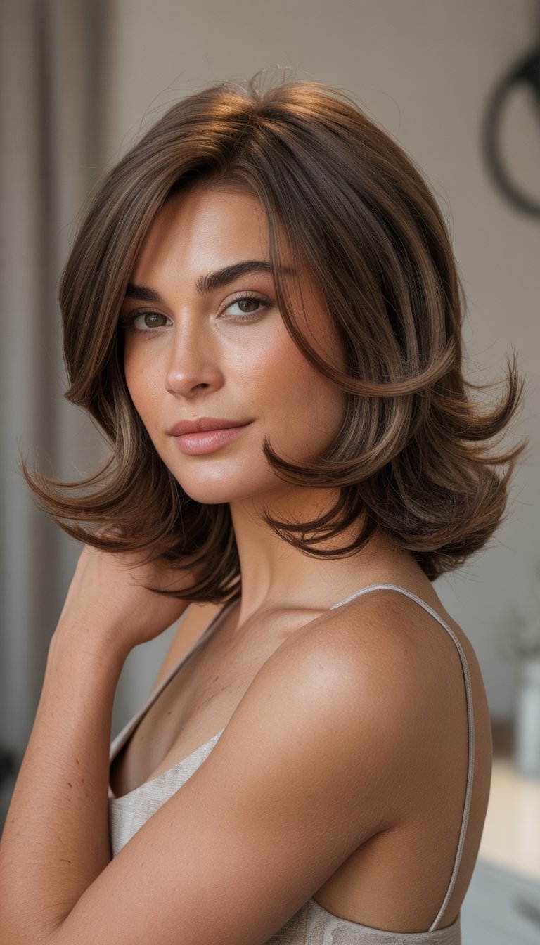 A woman with medium-length wavy hair styled in layered waves, looking confidently at the camera against a neutral background.