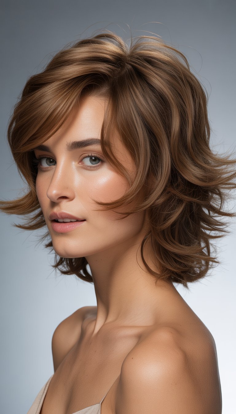A woman with medium-length tousled hair looking slightly to the side against a plain background.