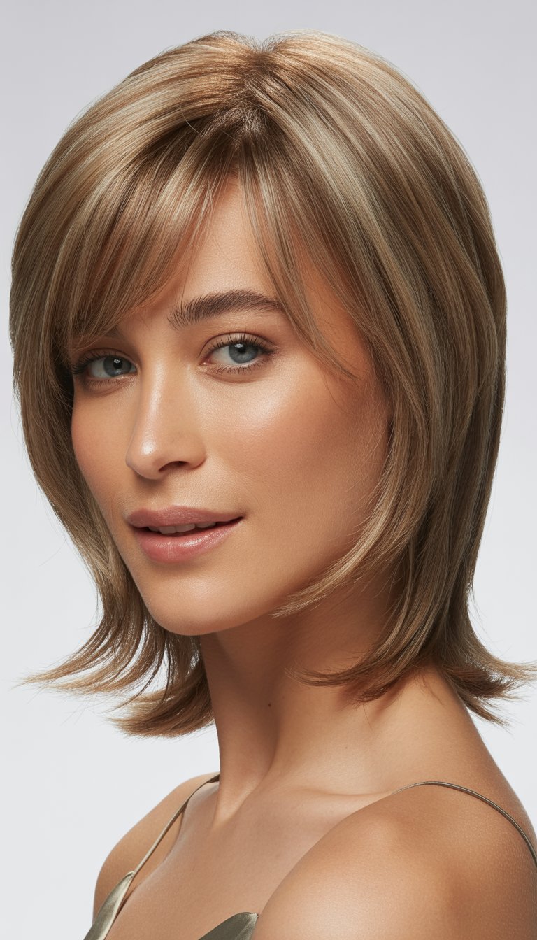 A woman with medium-length layered hair and a fringe, smiling against a plain background.