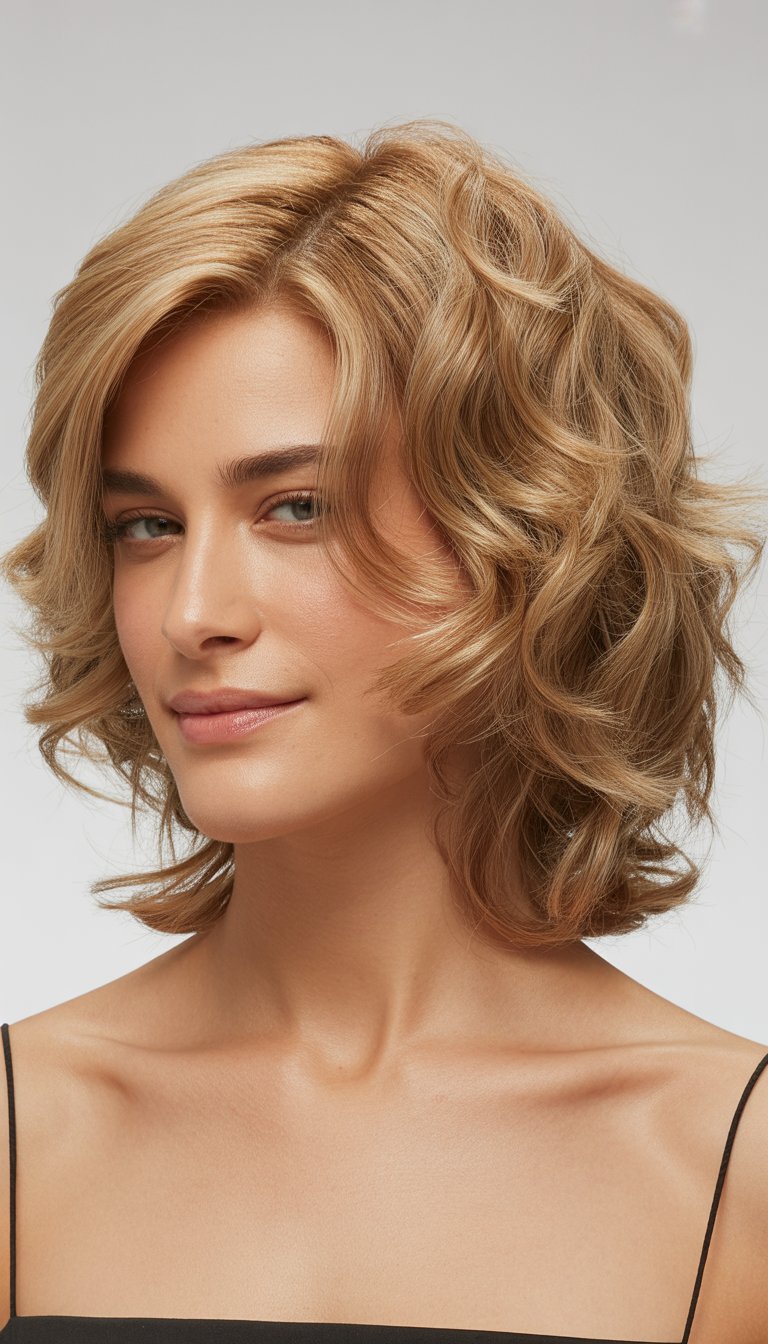 Portrait of a woman with medium-length wavy hair and layered haircut, smiling gently against a plain background.