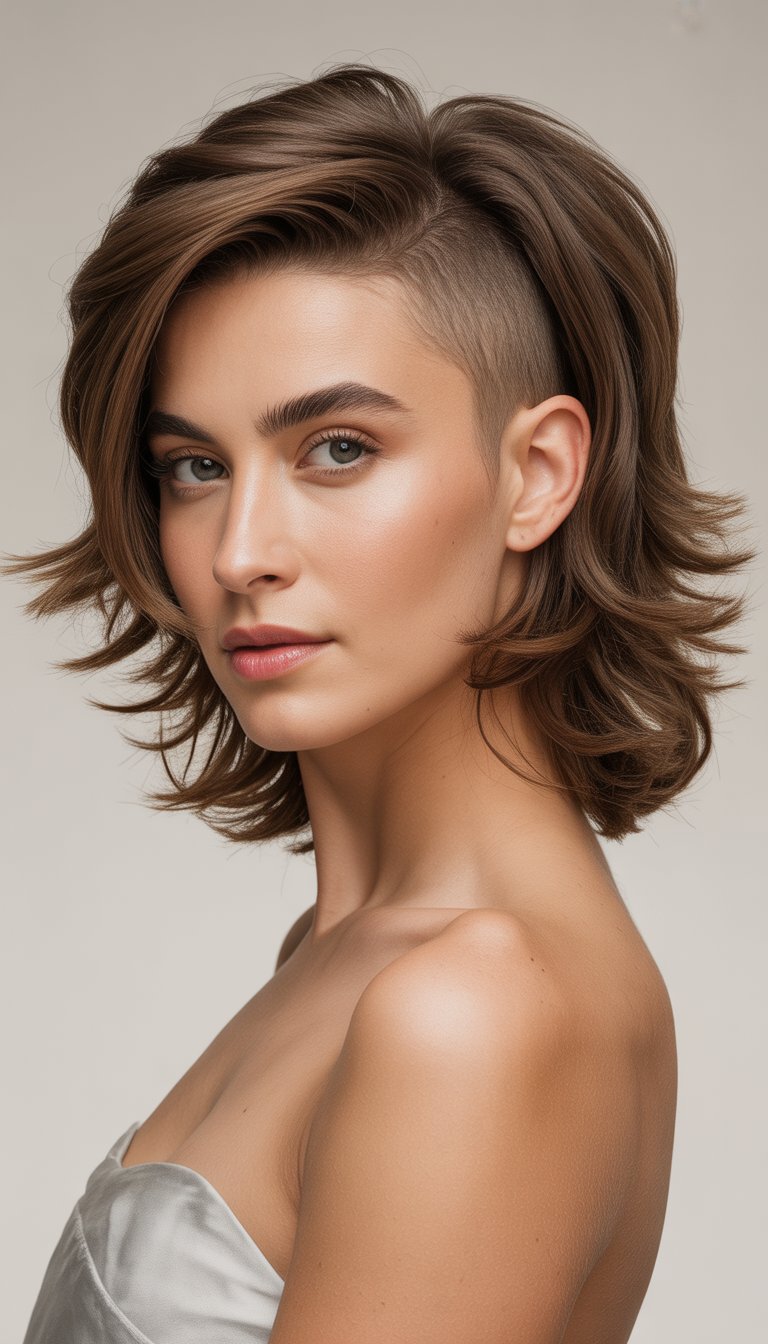 A woman with a textured medium-length haircut and a shaved undercut on one side, looking confidently at the camera against a plain background.