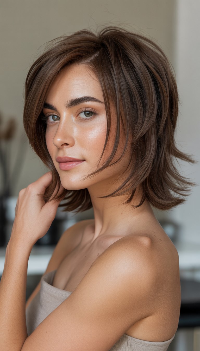 A woman with medium-length layered hair styled in an asymmetrical cut, smiling slightly against a neutral background.