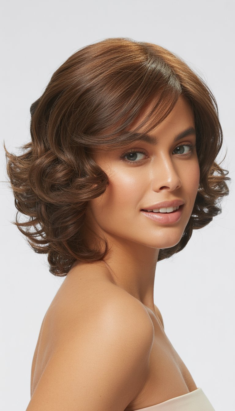 A woman with medium-length layered hair styled in soft curls, smiling in a studio setting with a neutral background.