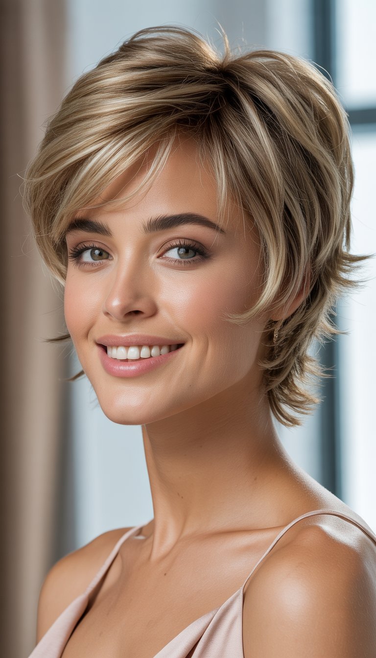 A woman with short layered shaggy hair smiling softly against a blurred neutral background.