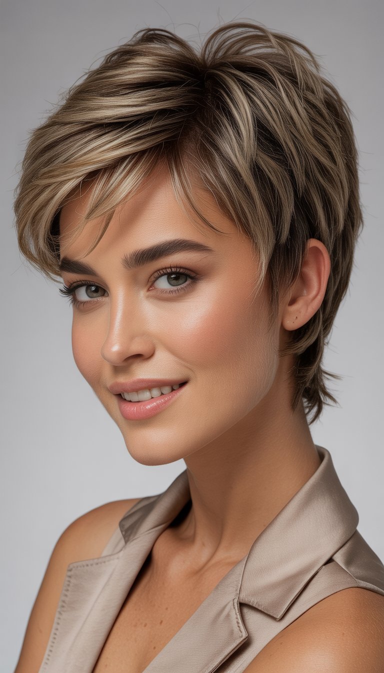 Portrait of a woman with short, layered hair smiling against a plain background.