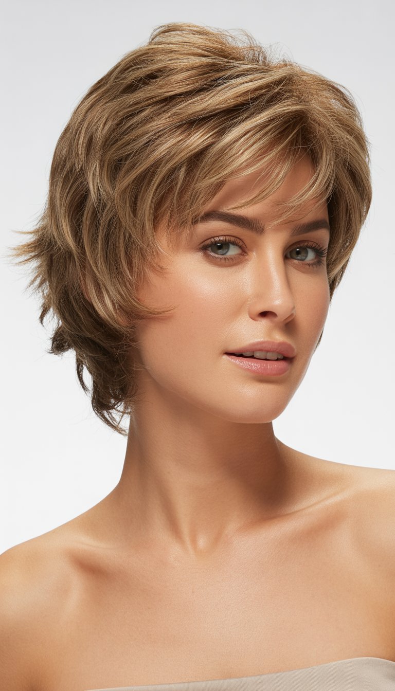 Portrait of a woman with short messy shaggy hair looking confidently at the camera against a neutral background.