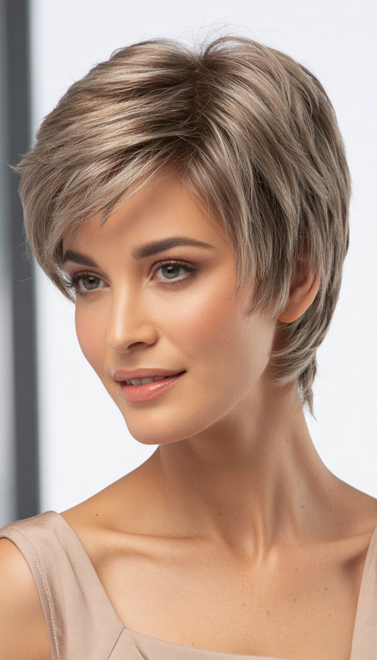 A woman with short feathered shaggy hair smiling softly against a neutral studio background.