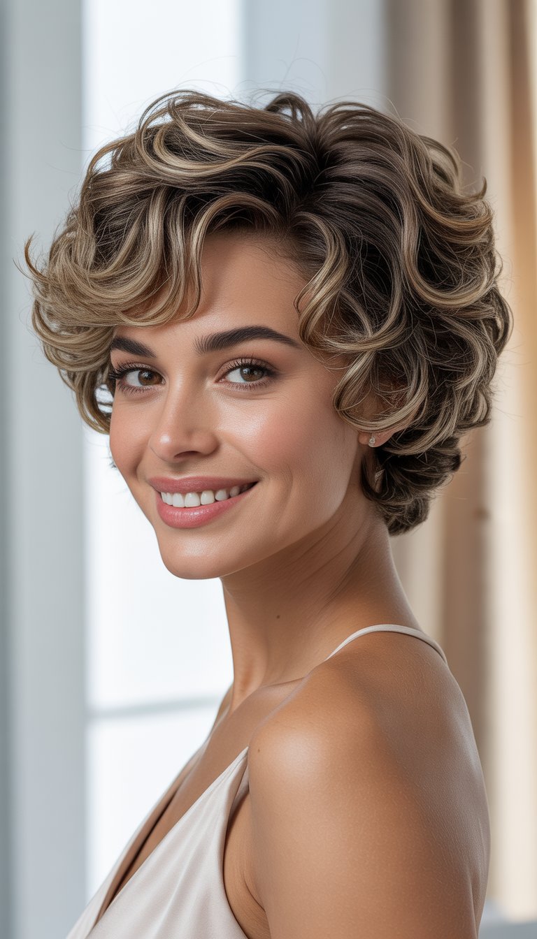 A woman with short curly hair smiling softly against a neutral background.