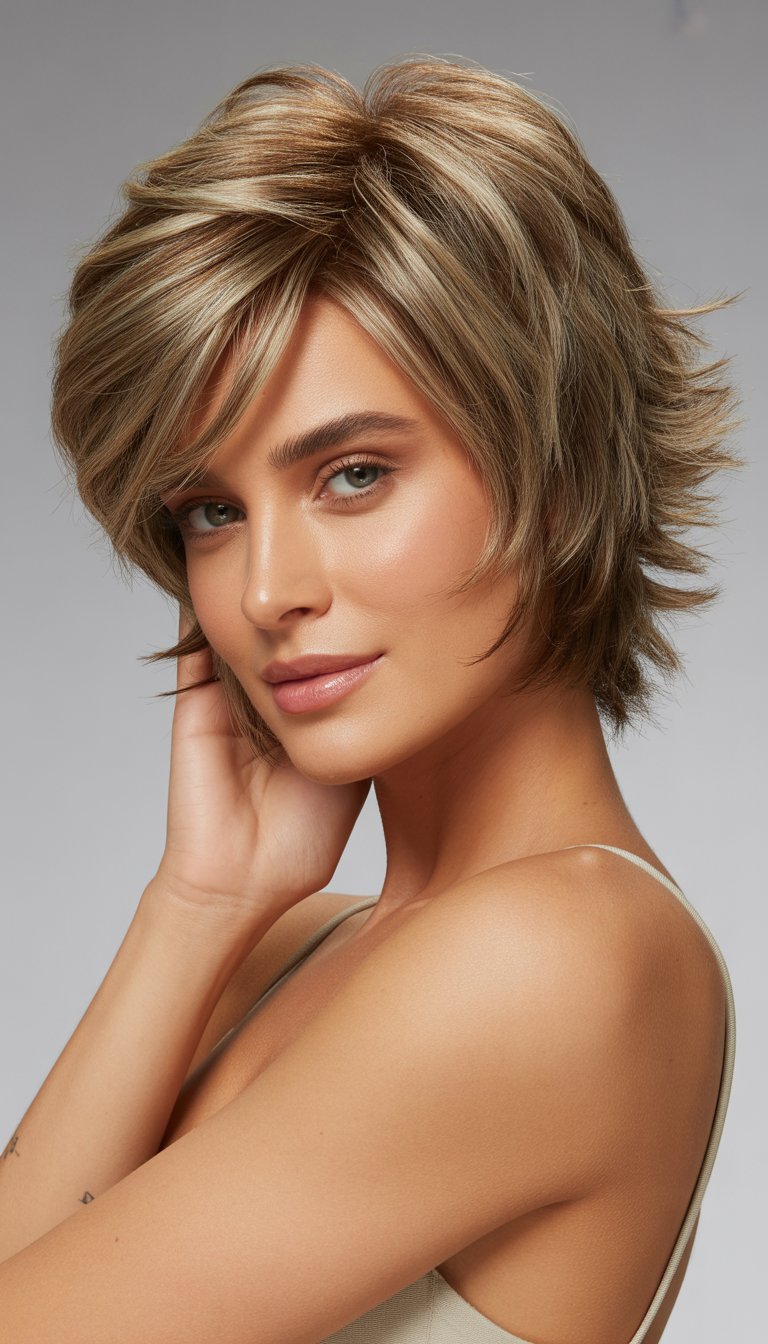 A woman with a short, layered haircut posing in a studio with a neutral background.